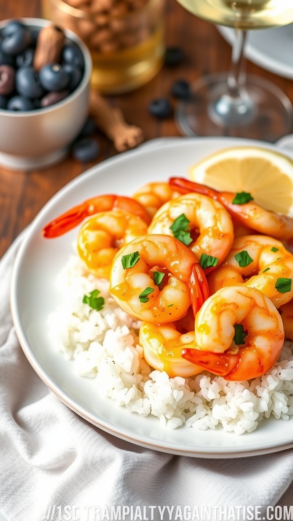 Garlic butter shrimp served over rice with a lemon wedge and parsley garnish on a rustic table.